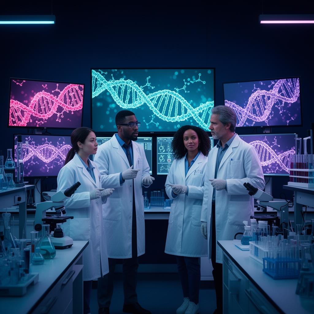 Research team collaborating in front of monitors showing molecular structures