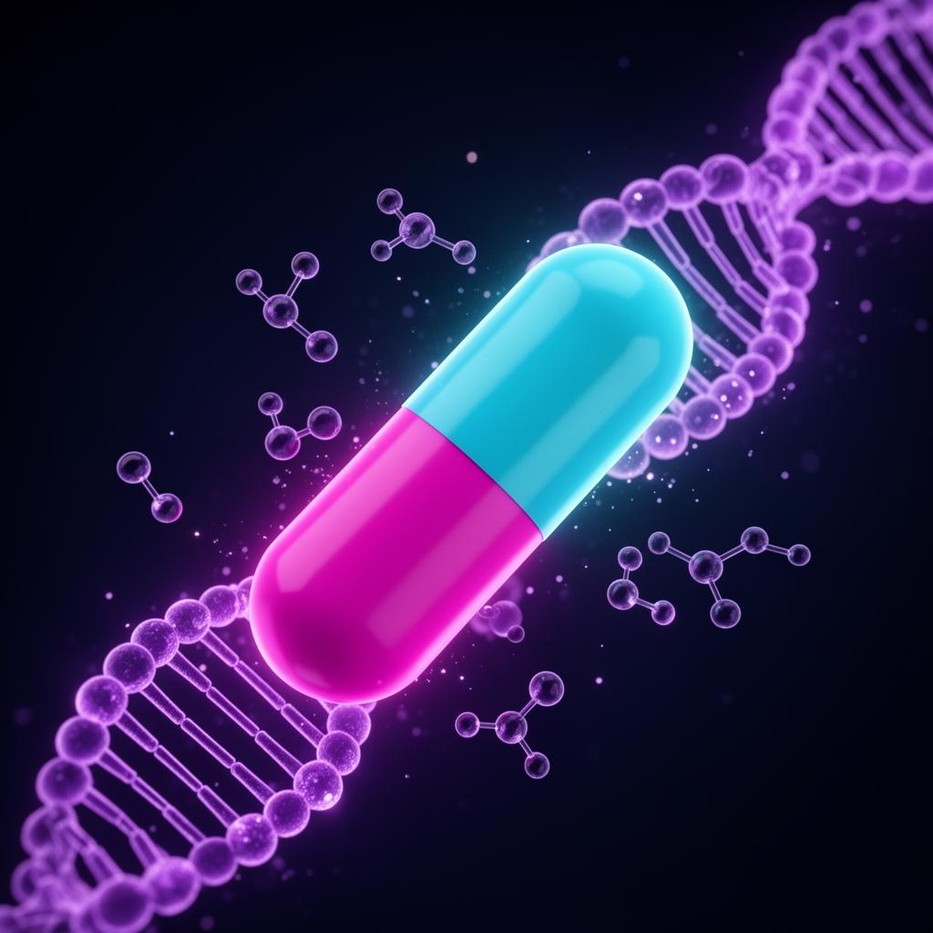 Glowing pharmaceutical capsule surrounded by molecular structures and DNA strands
