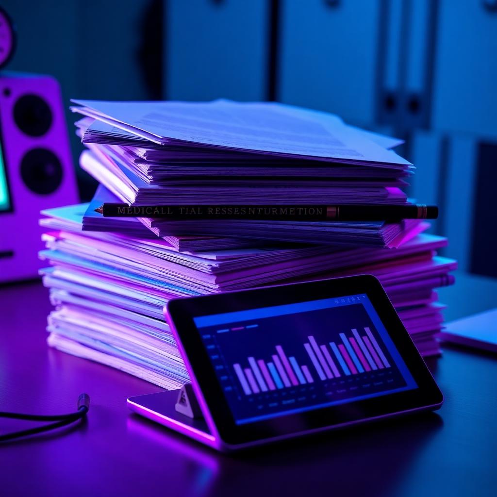 Stack of medical research papers and tablet showing data charts