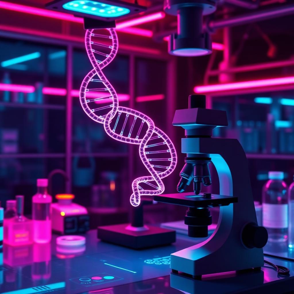 Scientific research lab with DNA helix and microscope