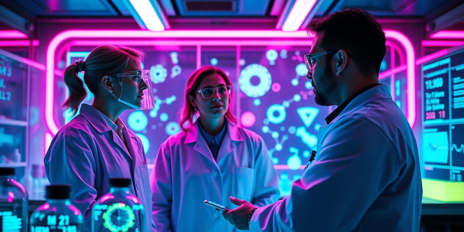 Scientists in a neon-lit research lab analyzing molecular structures and data visualizations