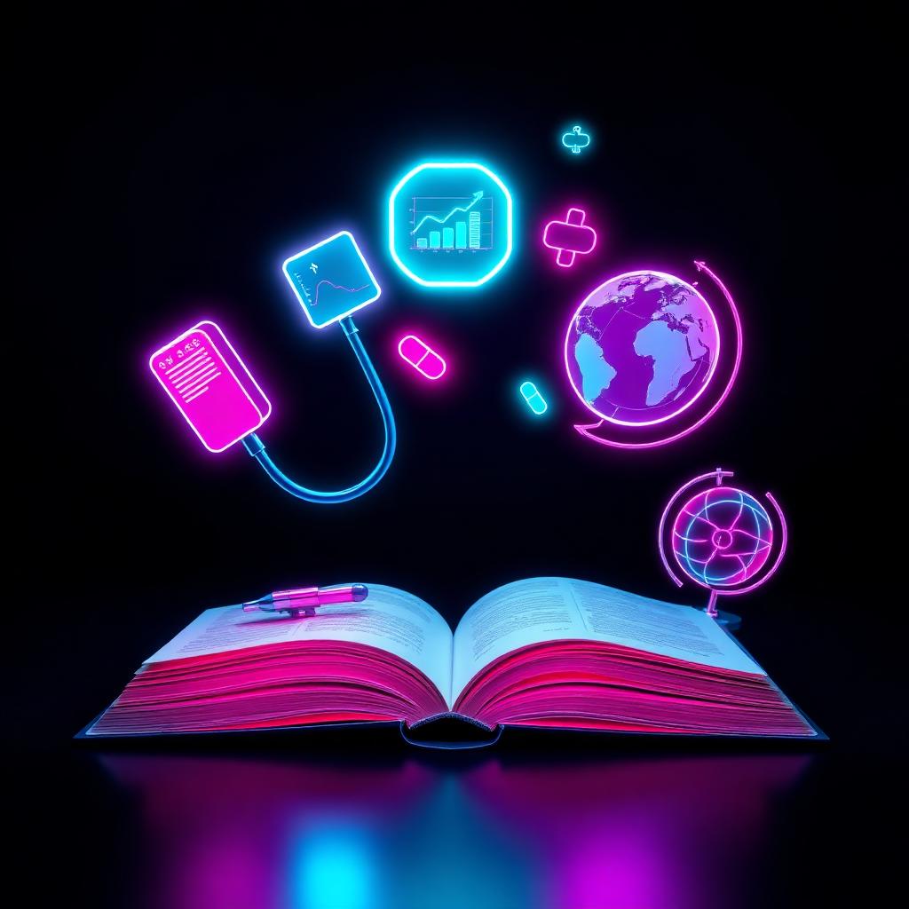 Open medical book with floating health and medical resource icons